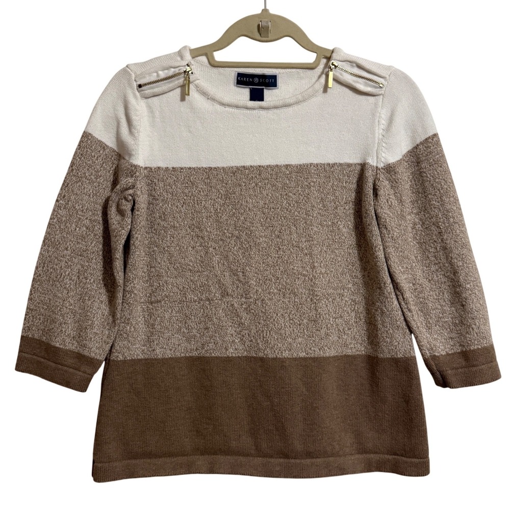 Karen Scott Womens Small Colorblock‎ Cotton Sweater 3/4 Sleeve Shoulder Zippers
